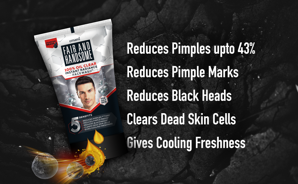 Emami Fair and Handsome Clear Dead Skin Cell Cooling Freshness Charcoal Beads Pimple and Blackhead Reduction Oil Clear Instant Radiance Face Wash For Oily Skin - 100g
