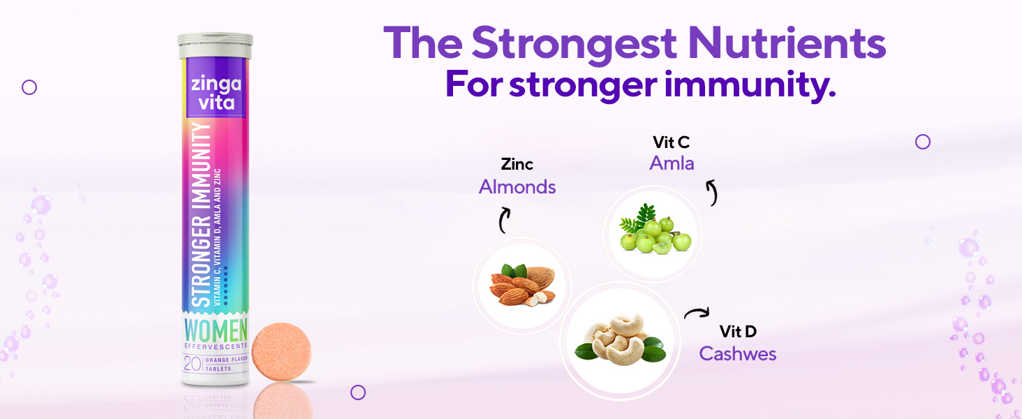 Zingavita Vitamin C 1000mg + Zinc Effervescent Tablets (20 Fizz Tab) Natural Amla Extract for Strong Immunity & Acne Free Skin, No Added Sugar, Orange Flavour, 1 Daily