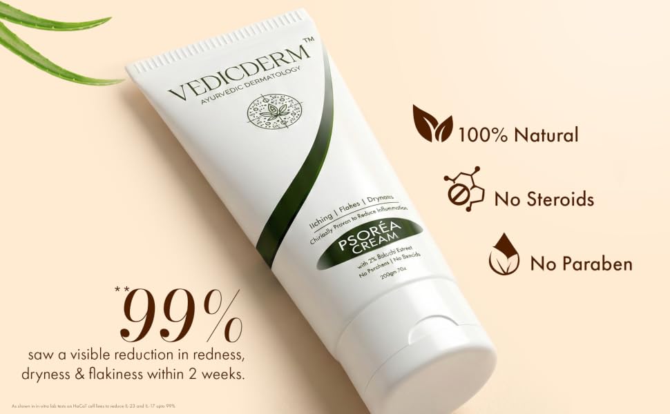 VEDICDERM Psoréa Cream with 2% Bakuchi Extract Skin Barrier Repair | Itching and Dryness Control | Natural, Chemical Free Formula for Psoriatic skin (200ml, Pack of 1)