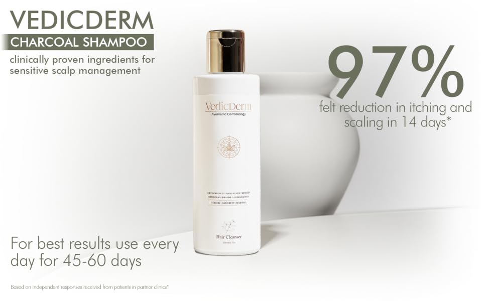 VEDICDERM Plasma Bamboo Charcoal Shampoo 200ml | Clinically Proven For Scalp Psoriasis, Dandruff & Sensitivity | Relieves Itching, Flaking & Dryness | SLS, Paraben & Irritants Free|Daily Hair Cleanser