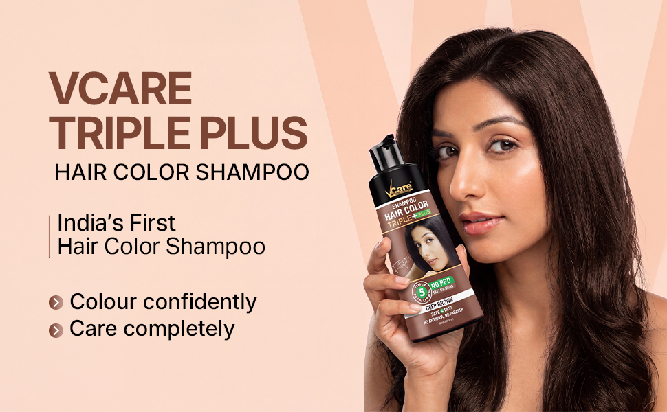VCare Hair Colour Shampoo for Men and Women, 180ml, Deep Brown | No Ammonia | Long Lasting Hair Color | 100% Grey Coverage | Easy To Use Hair Colour At Home