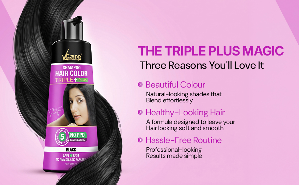 VCare Shampoo Hair Colour Shampoo-Black 180ml for Women and Men |Pump pack with Natural extracts | Colours hair in minutes|Enriched with growth factors & antioxidants, Ammonia free, Sulphate free