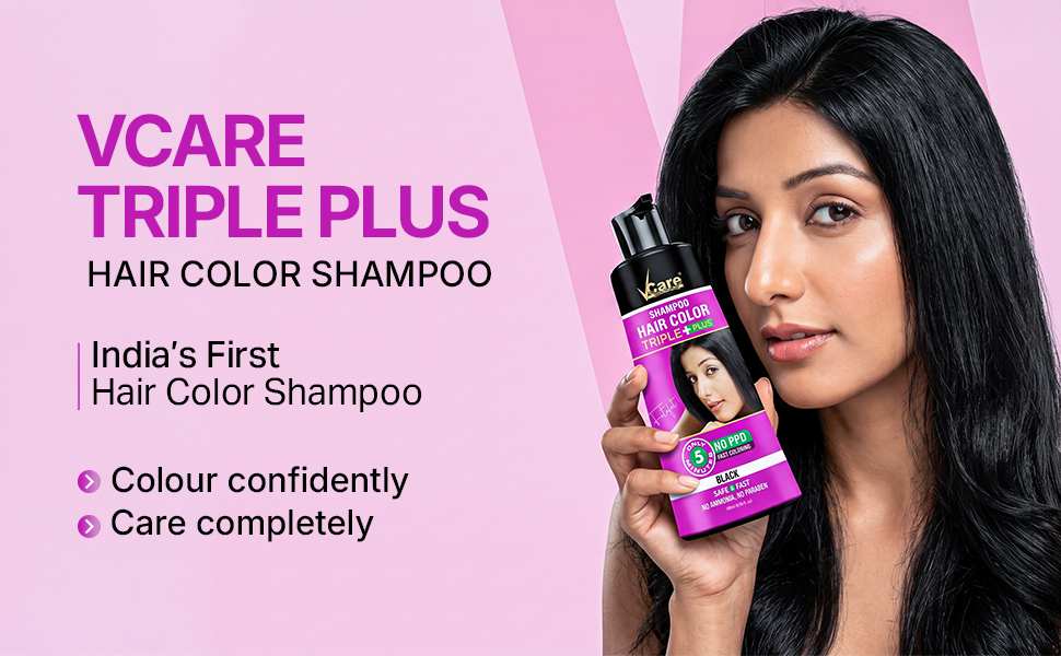 VCare Shampoo Hair Colour Shampoo-Black 180ml for Women and Men |Pump pack with Natural extracts | Colours hair in minutes|Enriched with growth factors & antioxidants, Ammonia free, Sulphate free