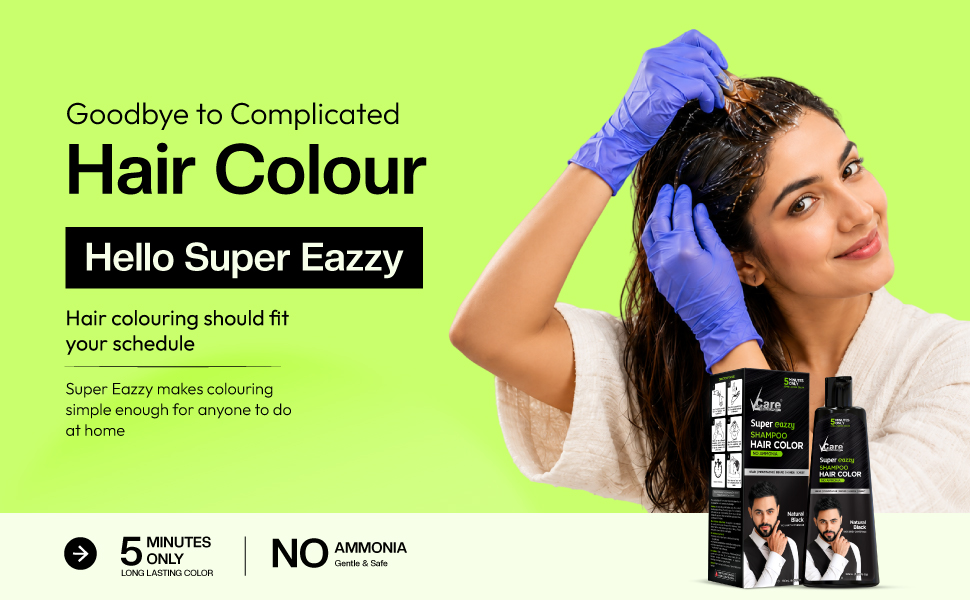 VCare Super Eazzy Hair Colour Shampoo for Women and Men 180ml | Only 5 Minute Root Hair Dye Coloring Kit Head, Moustache, Beard, Hands, Chest | No Parabens, Ammonia And Sulfates - Black