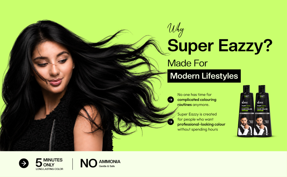 VCare Super Eazzy Hair Colour Shampoo for Women and Men 180ml | Only 5 Minute Root Hair Dye Coloring Kit Head, Moustache, Beard, Hands, Chest | No Parabens, Ammonia And Sulfates - Black