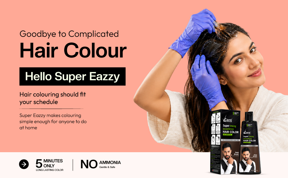 VCare Super Eazzy Hair Colour Shampoo for Women and Men 180ml | Only 5 Minute Root Hair Dye Coloring Kit Head, Moustache, Beard, Hands, Chest | No Parabens, Ammonia And Sulfates (180ml, Brown)