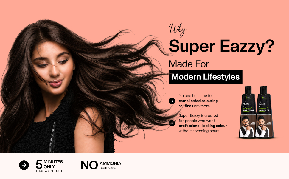 VCare Super Eazzy Hair Colour Shampoo for Women and Men 180ml | Only 5 Minute Root Hair Dye Coloring Kit Head, Moustache, Beard, Hands, Chest | No Parabens, Ammonia And Sulfates (180ml, Brown)