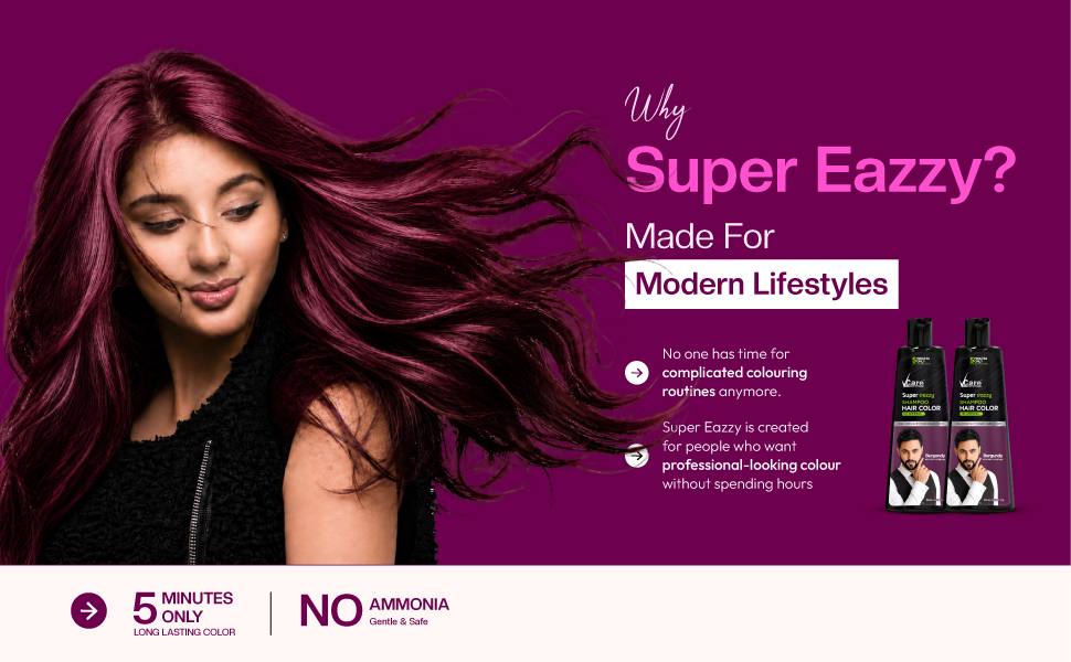VCare Super Eazzy Hair Colour Shampoo for Women and Men 180ml | Only 5 Minute Root Hair Dye Coloring Kit Head, Moustache, Beard, Hands, Chest | No Parabens, Ammonia And Sulfates (180ml, Burgundy)