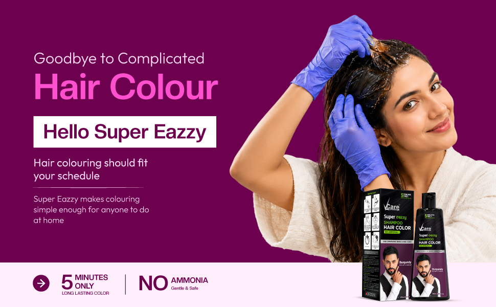 VCare Super Eazzy Hair Colour Shampoo for Women and Men 180ml | Only 5 Minute Root Hair Dye Coloring Kit Head, Moustache, Beard, Hands, Chest | No Parabens, Ammonia And Sulfates (180ml, Burgundy)