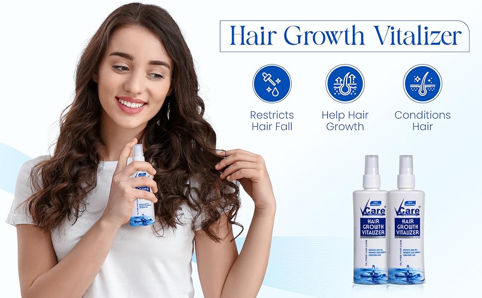 VCare Hair Growth Vitalizer for Men & Women, Oil-Free Hair Serum, Reduces Hair Fall, Boosts Hair Growth, Nourishes Scalp, Non-Sticky Formula, 2 x 100ml, Hair Care Essential for All Hair Types