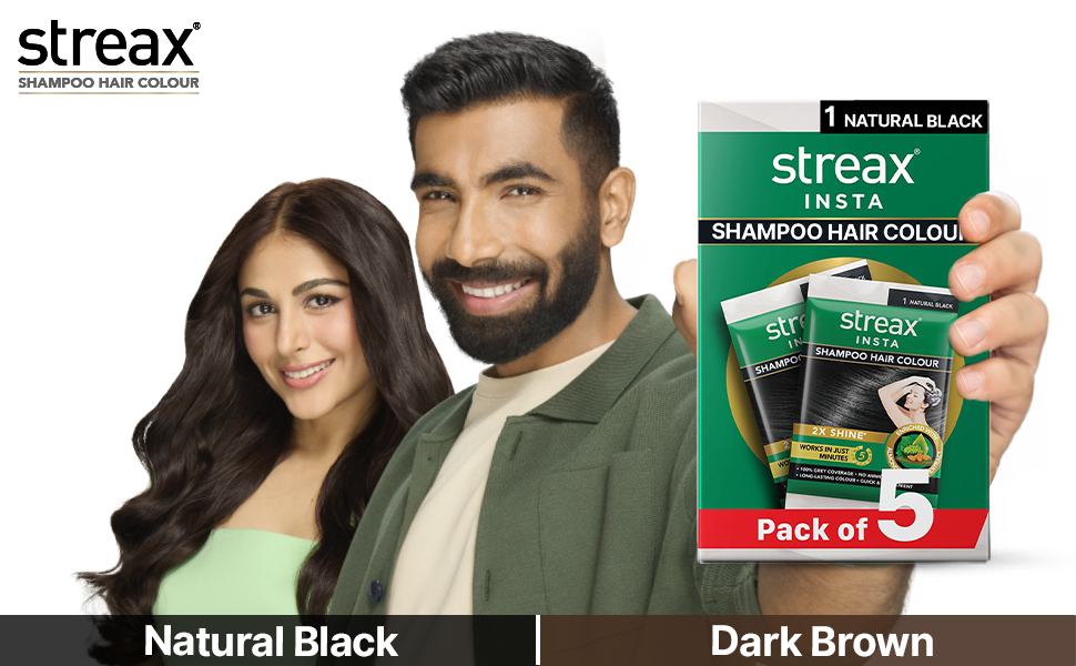Streax Insta Shampoo Hair Colour Dark Brown for Women and Men, Pack of 5 | Dark Brown Hair Colour | 100% grey coverage in 5 minutes | Long lasting and easy to use