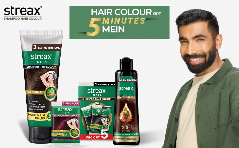 Streax Shampoo Hair Colour, 200 ml I Squeeze Pack with Natural Extracts I Hair colour for Men I Hair colour for Women I Long Lasting Formula I Colours in 5 Minutes, Natural Black