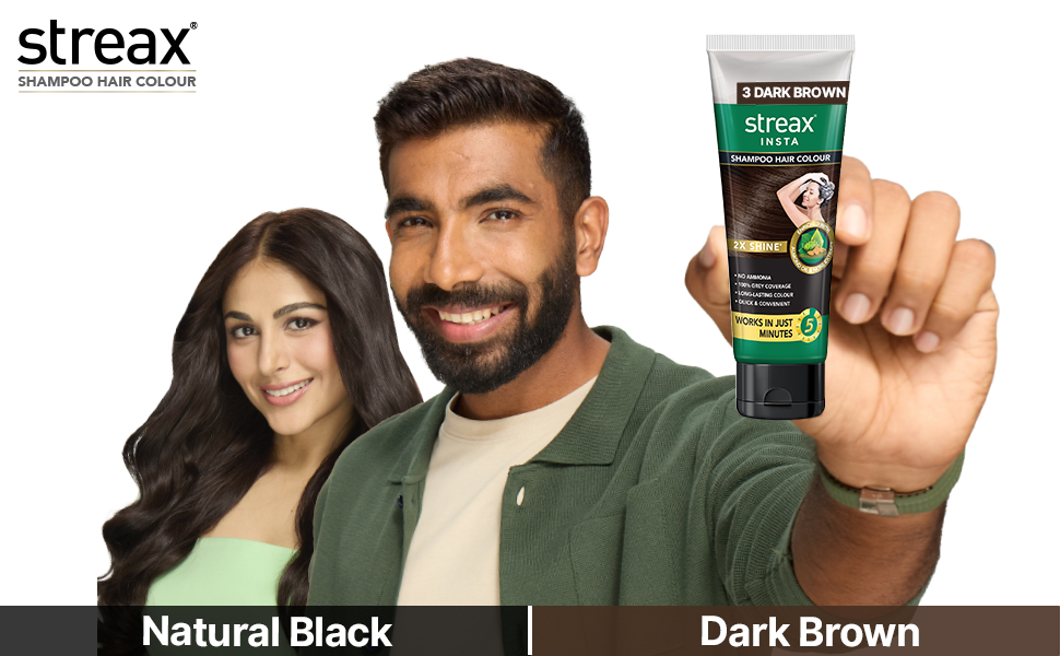 Streax Shampoo Hair Colour, 200 ml I Squeeze Pack with Natural Extracts I Hair colour for Men I Hair colour for Women I Long Lasting Formula I Colours in 5 Minutes, Natural Black