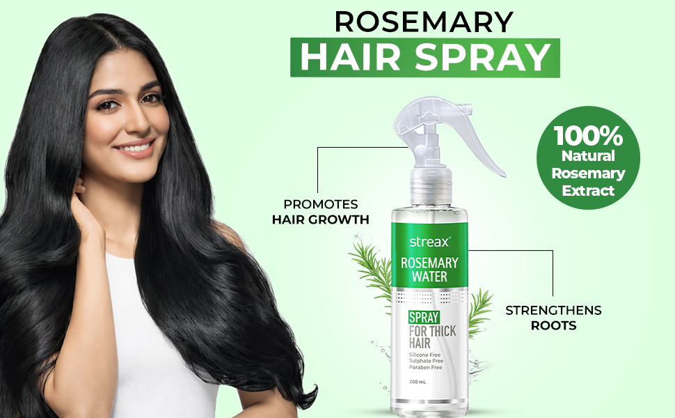 Streax Rosemary Hair Spray - 200ml , 100% Natural Extracts For Hair Growth , Stronger & Thicker Hair, Reduces Hair Fall , Nourishes Scalp & Stimulates Roots , Non-Sticky , Sulphate & Paraben-Free, Rosemary Water Spray for Hair Growth