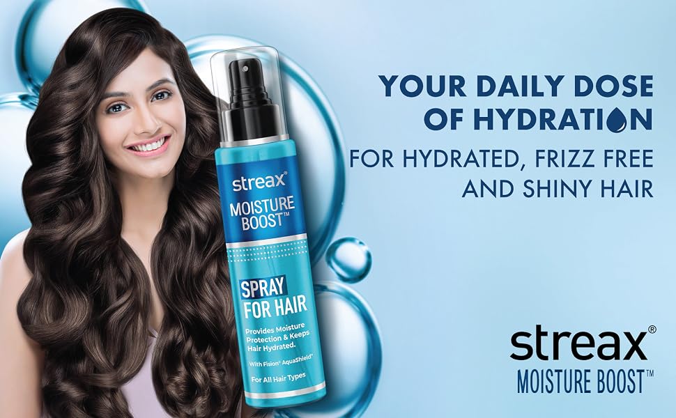 Streax Moisture Boost Spray Hair Serum for Dry Frizzy Hair - 50 ml | Hair Styling Serum for Women & Men | Hydrating, Frizz Free, Smooth & Silky finish I With Fision AquaShield