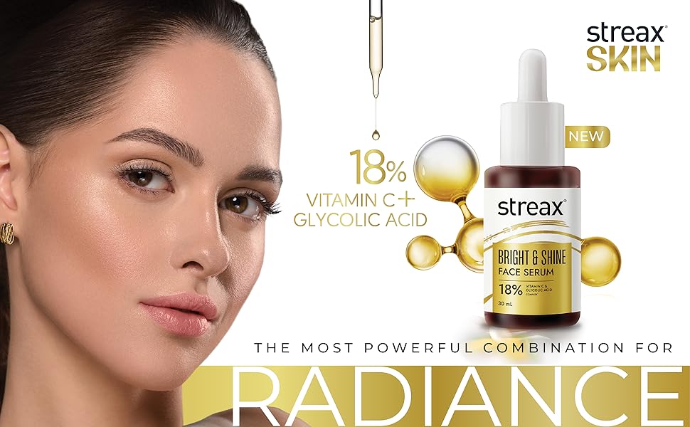 Streax Vitamin C Face Serum, 30 ml | 18% Vitamin C | Dark Spots Reduction | Brighter Skin in 3 Days | Serum for Glowing Skin | Brightening serum | Bright & Shine Face Serum