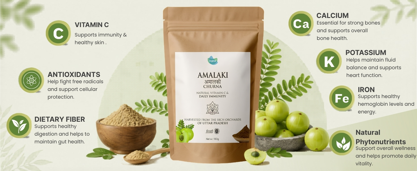Vegetal Amalaki Churna 180g | Amla Powder from Uttar Pradesh Orchards | Natural Vitamin C, Immunity, Hair & Skin | 3rd Party Lab-Tested | FSSAI & AYUSH | 100% Pure