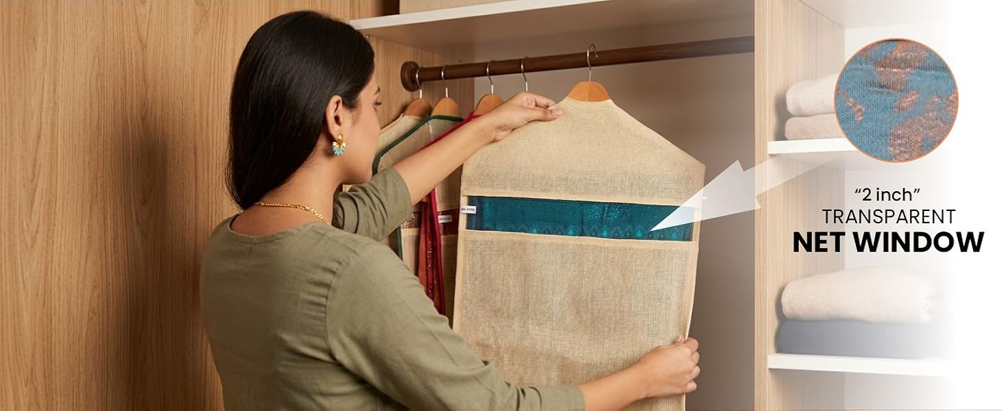 SOLSTICE Hanging Cotton Saree Covers/Bags of 30 x 18 (Inches) For Clothes Storage, Wardrobe Organizer (Hangers Are NOT Included) (Single Pocket - Pack of 6)