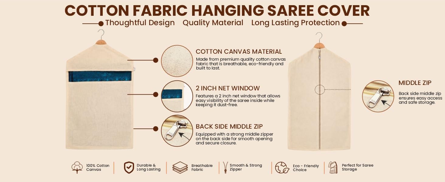 SOLSTICE Hanging Cotton Saree Covers/Bags of 30 x 18 (Inches) For Clothes Storage, Wardrobe Organizer (Hangers Are NOT Included) (Single Pocket - Pack of 6)