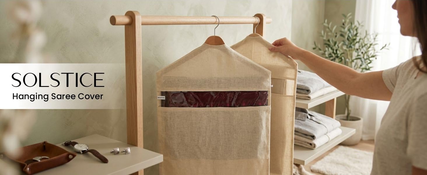 SOLSTICE Hanging Cotton Saree Covers/Bags of 30 x 18 (Inches) For Clothes Storage, Wardrobe Organizer (Hangers Are NOT Included) (Single Pocket - Pack of 6)
