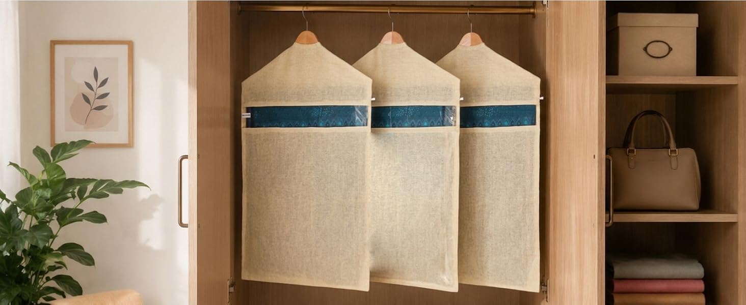 SOLSTICE Hanging Cotton Saree Covers/Bags of 30 x 18 (Inches) For Clothes Storage, Wardrobe Organizer (Hangers Are NOT Included) (Single Pocket - Pack of 6)