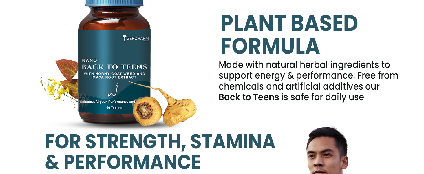 ZEROHARM Back to Teens | Maca Root, Safed Musli, Horny Goat Weed for Energy, Stamina, Endurance & Performance | Nano Formulated Supplement for Men & Women | High Potency 60 Tablets