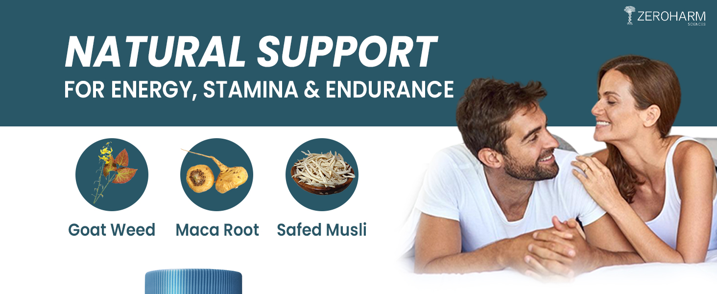 ZEROHARM Back to Teens | Maca Root, Safed Musli, Horny Goat Weed for Energy, Stamina, Endurance & Performance | Nano Formulated Supplement for Men & Women | High Potency 60 Tablets