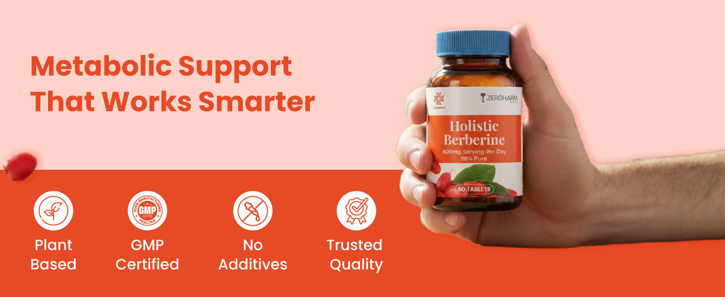 ZEROHARM Holistic Nano Berberine Supplement 98% Pure | Plant-based Berberine Tablets with 800mg per serving | Supports Blood Sugar, Metabolism, Cholesterol Levels & Hormonal Balance | 60 Tablets
