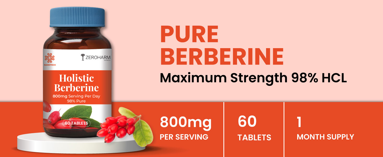 ZEROHARM Holistic Nano Berberine Supplement 98% Pure | Plant-based Berberine Tablets with 800mg per serving | Supports Blood Sugar, Metabolism, Cholesterol Levels & Hormonal Balance | 60 Tablets