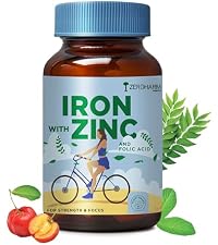 ZEROHARM Iron, Zinc, Folic Acid & Vitamin B12 Tablets | Curry Leaves, Guava, Acerola Cherry | Boosts Hemoglobin Levels | Antioxidant & Immunity Support | Iron Supplement for Men, Women | 60 Tablets