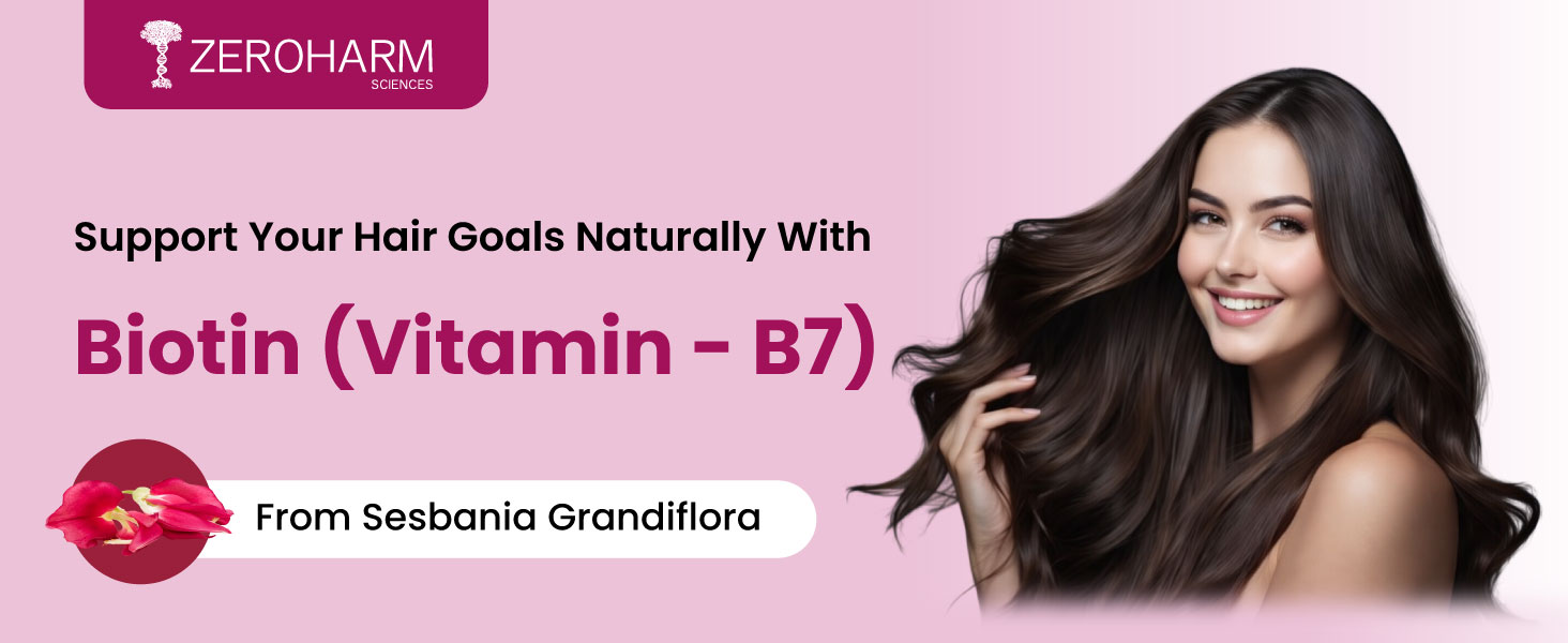 ZEROHARM Biotin Tablets for Hair Growth - 10000 mcg Vitamin B7 - Plant-Based Supplement Supports Hair Growth, Skin Hydration & Nail Strength For Men & Women - Sesbania Grandiflora - 60 Tablets
