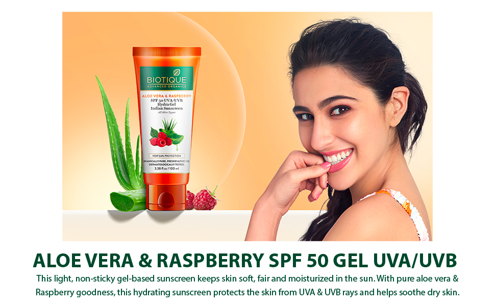 Biotique Men & Women Aloe Vera & Raspberry Spf 50 Non- Sticky Hydra Gel Sunscreen For All Skin Types For Indian Skin |Protects From UVA & UVB Rays | & - 100G, Pack Of 1