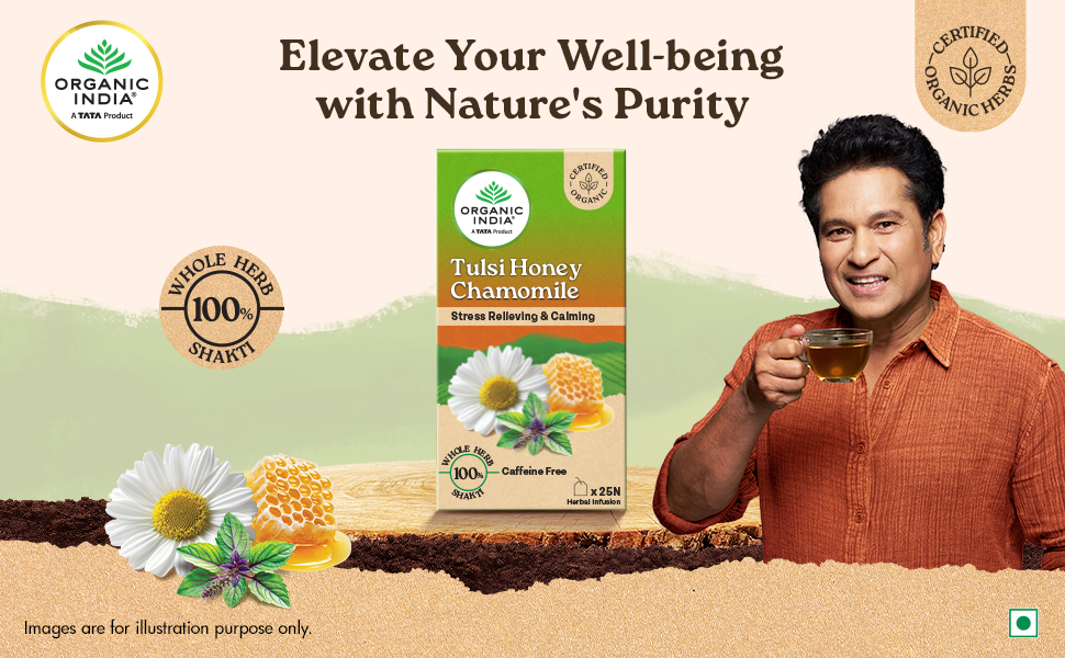 A TATA Product - Organic India Tulsi Honey Chamomile Infusion - 25 Tea Bags, Certified Organic, Stress Relief, Calming, Promotes Sleep, Caffeine-Free