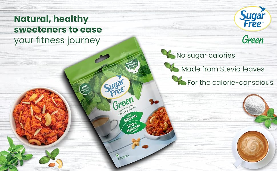 Sugar Free Green Stevia Pouch 400 g |100% Plant based Natural Sweetener | Equivalent to Sweetness from 1Kg Sugar | 100% Natural Stevia leaves| Sweet like Sugar but with zero calories