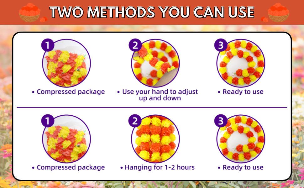 Artificial Flowers for Decoration, Marigold Flowers Garlands Home Decor, Diwali Decoration Items Home Decor, Pooja Room Decorations Items Wedding Housewarming (Multicolour, Pack of 10)