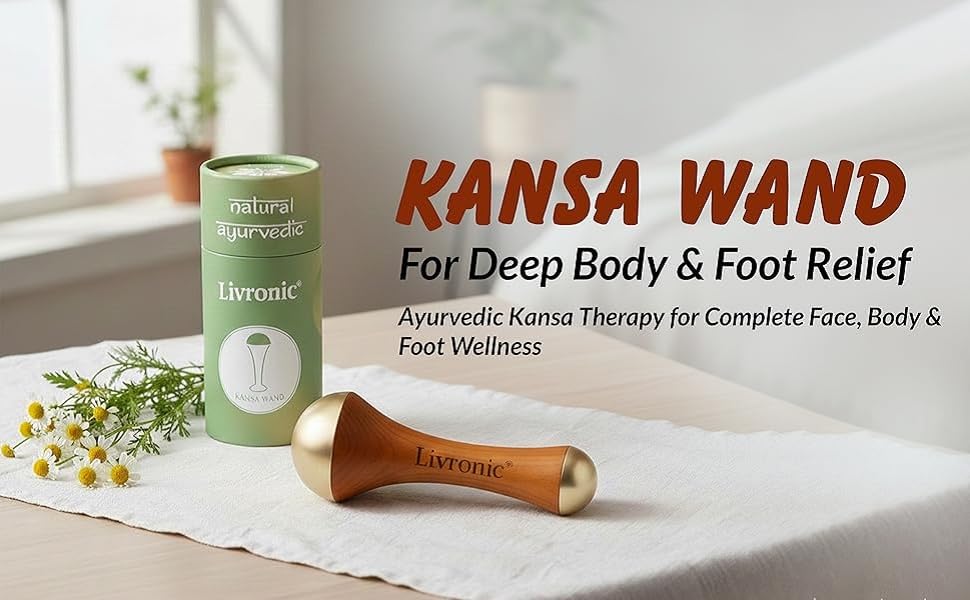 Livronic® Face Acupoint Kansa Wand 2-in-1 Natural | Bronze Face, Body & Foot Massager | Teak Wood Handle | Detoxification, De-Puffing & Deep Relaxation (Both Side Kansa Vatki)