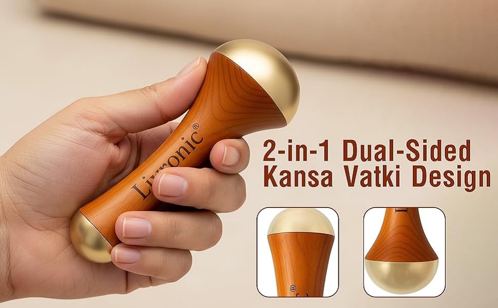 Livronic® Face Acupoint Kansa Wand 2-in-1 Natural | Bronze Face, Body & Foot Massager | Teak Wood Handle | Detoxification, De-Puffing & Deep Relaxation (Both Side Kansa Vatki)