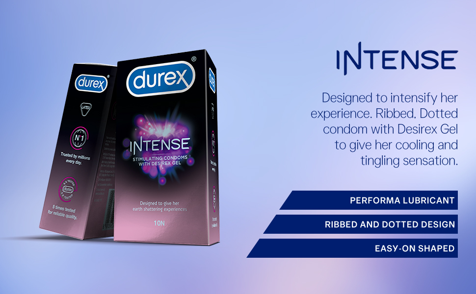 Durex Intense Condoms for Her | 2-in-1 Ribbed & Dotted Textured Condoms with Stimulating Gel | 10 Count