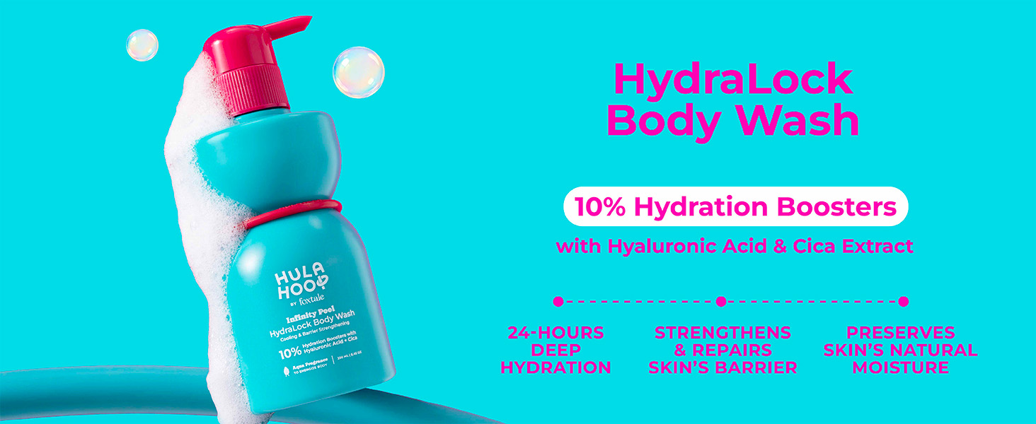 Hula Hoop HydraLock Body Wash by Foxtale | 24Hrs Hydration | Hyaluronic Acid + cica Extract + Menthol | Cleanses, Hydrates, & Repairs Skin | 6+ Hours Odor Protection + Fresh Aqua Scent | 250ml
