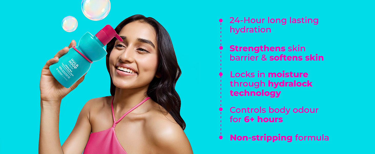 Hula Hoop HydraLock Body Wash by Foxtale | 24Hrs Hydration | Hyaluronic Acid + cica Extract + Menthol | Cleanses, Hydrates, & Repairs Skin | 6+ Hours Odor Protection + Fresh Aqua Scent | 250ml
