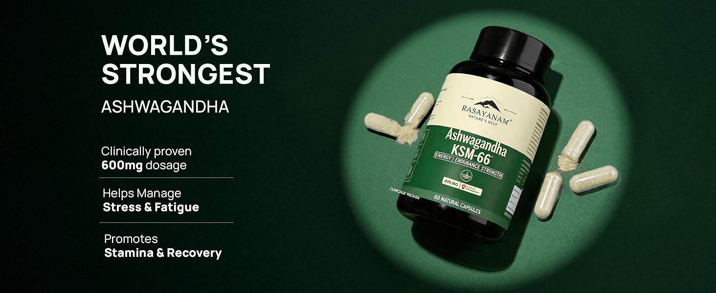 Rasayanam Ashwagandha KSM-66ยฎ | Clinically Proven 600mg Dosage | 5.1% Withanolides for Max Results | 100% Pure Root Extract | Stress Relief, Energy & Recovery Support | Worldโs Strongest Ashwagandha | 60 Capsules