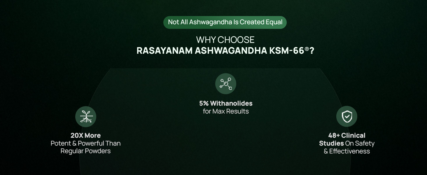 Rasayanam Ashwagandha KSM-66ยฎ | Clinically Proven 600mg Dosage | 5.1% Withanolides for Max Results | 100% Pure Root Extract | Stress Relief, Energy & Recovery Support | Worldโs Strongest Ashwagandha | 60 Capsules