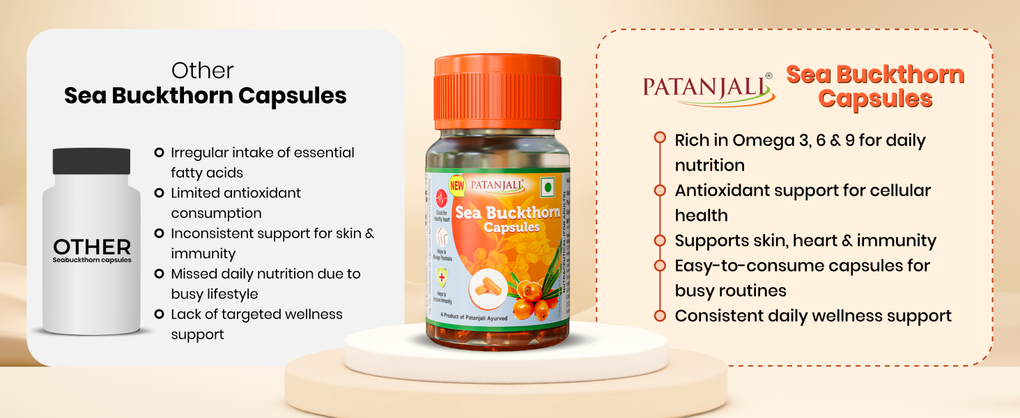 Patanjali Sea Buckthorn Fruit Berry Oil 500mg - 30 Veg HPMC Capsules | Rich in Omega 3, 6 & 9 | Dietary Supplement for Heart Health, Immunity & Deep Skin Hydration