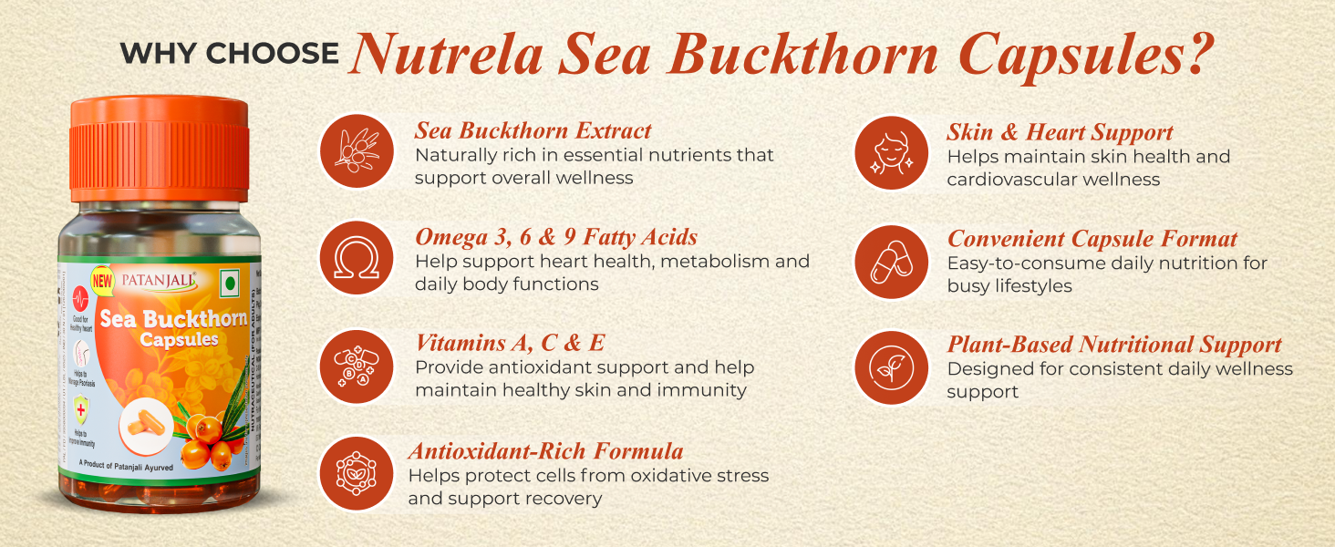 Patanjali Sea Buckthorn Fruit Berry Oil 500mg - 30 Veg HPMC Capsules | Rich in Omega 3, 6 & 9 | Dietary Supplement for Heart Health, Immunity & Deep Skin Hydration