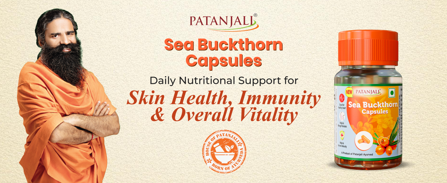 Patanjali Sea Buckthorn Fruit Berry Oil 500mg - 30 Veg HPMC Capsules | Rich in Omega 3, 6 & 9 | Dietary Supplement for Heart Health, Immunity & Deep Skin Hydration