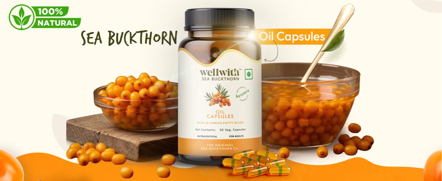 Wellwith (Ayuzera) Sea Buckthorn Berry Oil Vegan Omega 7 500mg, 30 Veg HPMC Capsules (Pack of 1), 15-Day Supply | Seabuckthorn Capsules rich In Omega 3, 6, 7 & 9 For Muscle, Bone, Heart & Skin