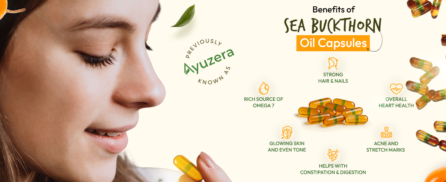 Wellwith (Ayuzera) Sea Buckthorn Berry Oil Vegan Omega 7 500mg, 30 Veg HPMC Capsules (Pack of 1), 15-Day Supply | Seabuckthorn Capsules rich In Omega 3, 6, 7 & 9 For Muscle, Bone, Heart & Skin