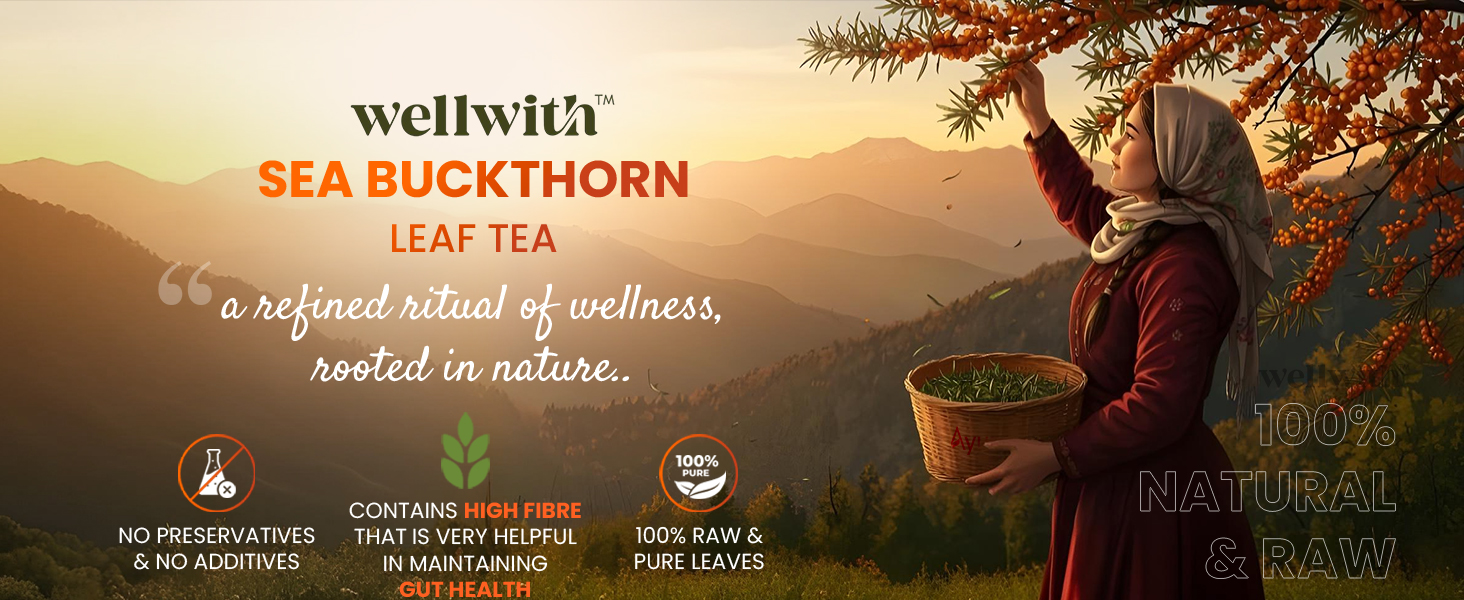Wellwith (Ayuzera) Sea Buckthorn Raw Leaves Tea | Himalayan Herbal Leaf Tea | Good for Skin, Immunity & Detox | Pure & Natural | 50g (Pack of 1)