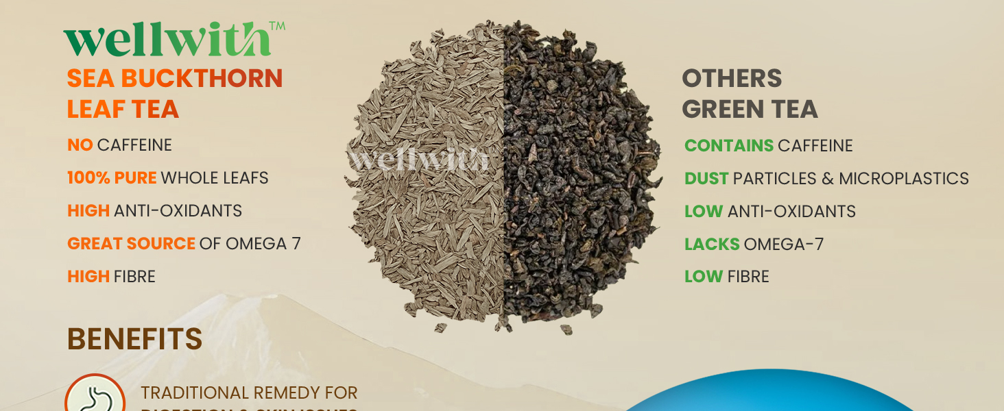Wellwith (Ayuzera) Sea Buckthorn Raw Leaves Tea | Himalayan Herbal Leaf Tea | Good for Skin, Immunity & Detox | Pure & Natural | 50g (Pack of 1)