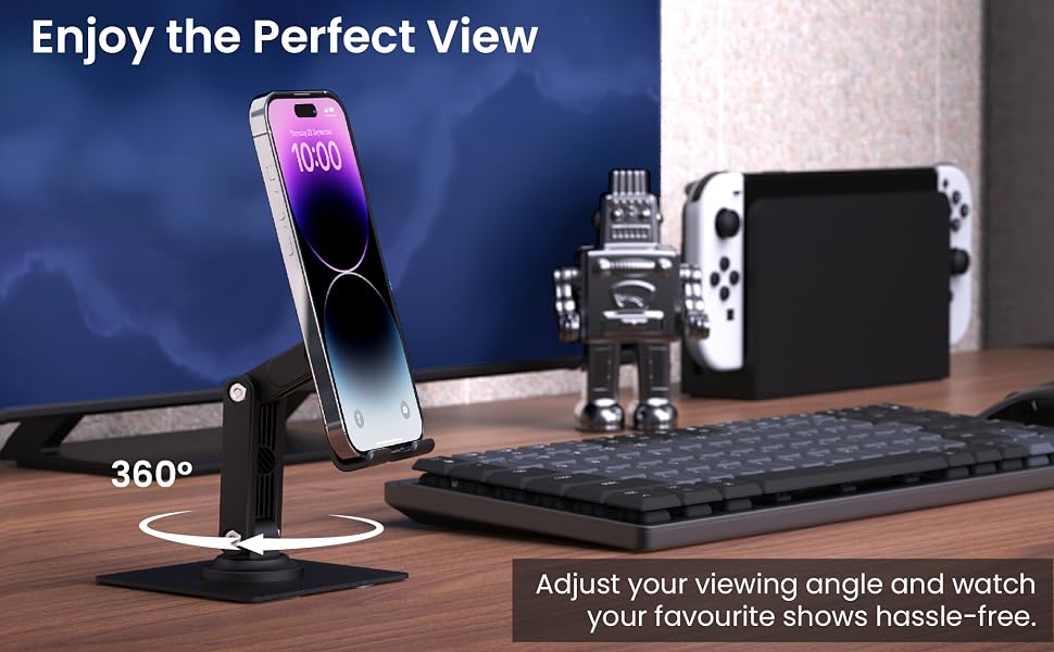 Ambrane 360° Rotation, Foldable Design Mobile Stand with Stable Metalic Round Base, Multiple Height & Angle adjustments Compatible with Smartphones, Tablets, Kindles & iPad (Twistand 360, Black)